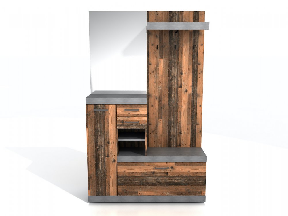 Penderie BEZIERS coloris gris anthracite matera et bois vieilli old style foncé 1 porte 2 tiroirs 3 plateaux fixes 3 plateaux amovibles
